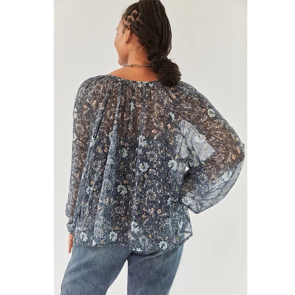 Anthropologie Let Me Be Blue Floral Sheer Chiffon Blouse M Puffed Sleeves Boho - Picture 12 of 14